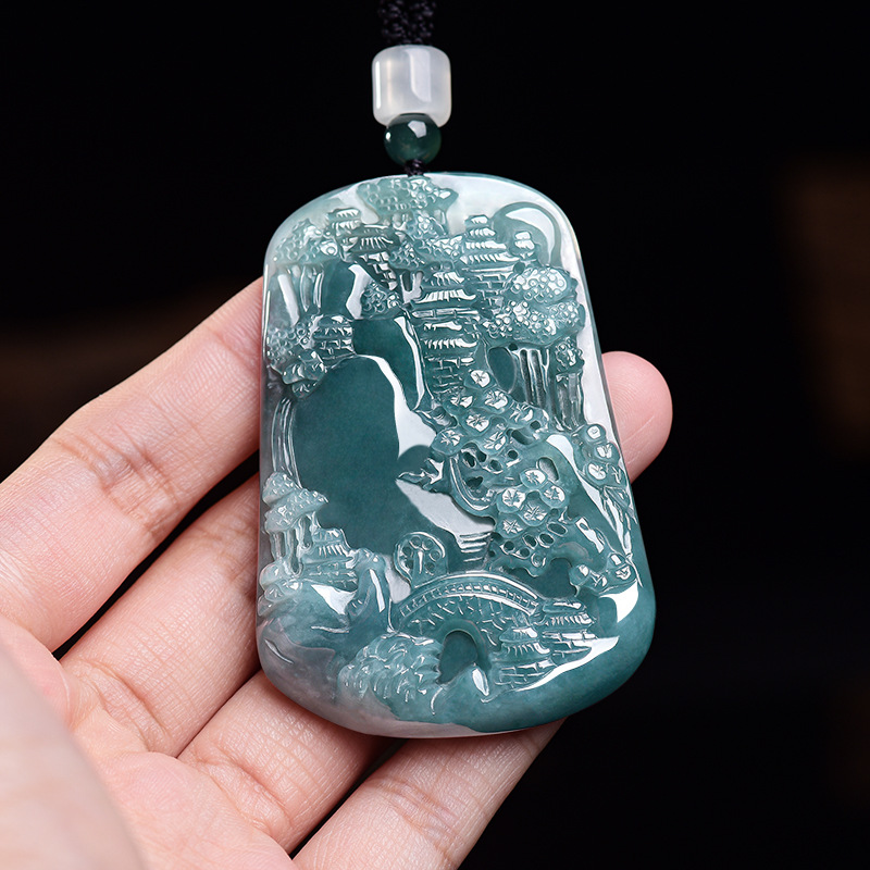 Vintage Fashion Necklace - Natural Burmese Jadeite Scenery Pendant Necklace