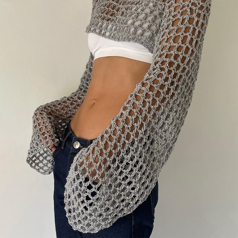 Crochet Top Boho - Long Sleeve Crochet Crop Top Summer