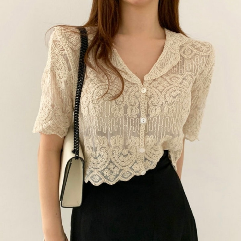 Crochet Top Boho - Sheer Embroidery Lace Blouse Cover Up