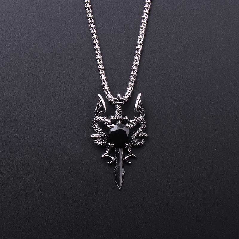 Vintage Fashion Necklace - Double Dragon Black Gem Cross Necklace
