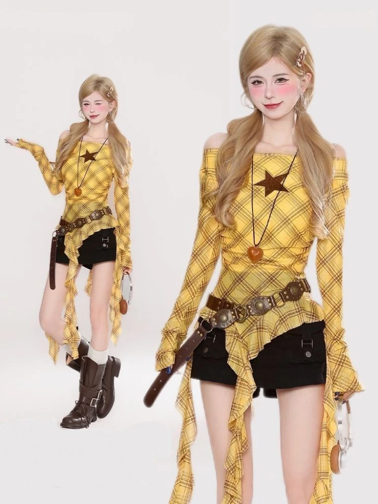 Y2K Plaid Slash Neck Vintage T - Vintage Fashion T Shirts 评论和价格
