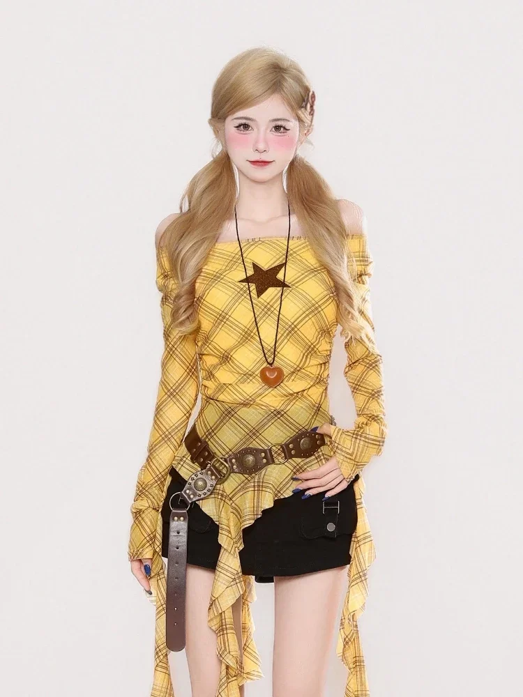 Y2K Plaid Slash Neck Vintage T - Vintage Fashion T Shirts 评论和价格