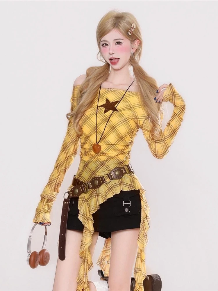 Y2K Plaid Slash Neck Vintage T - Vintage Fashion T Shirts 评论和价格