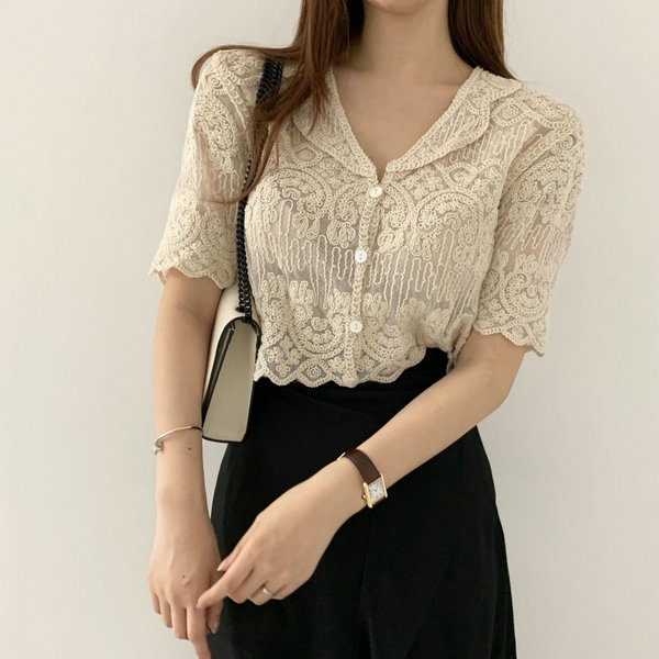 Sheer Embroidery Lace Blouse C - Crochet Top Boho 评论和价格