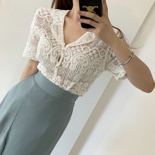 Sheer Embroidery Lace Blouse C - Crochet Top Boho 评论和价格